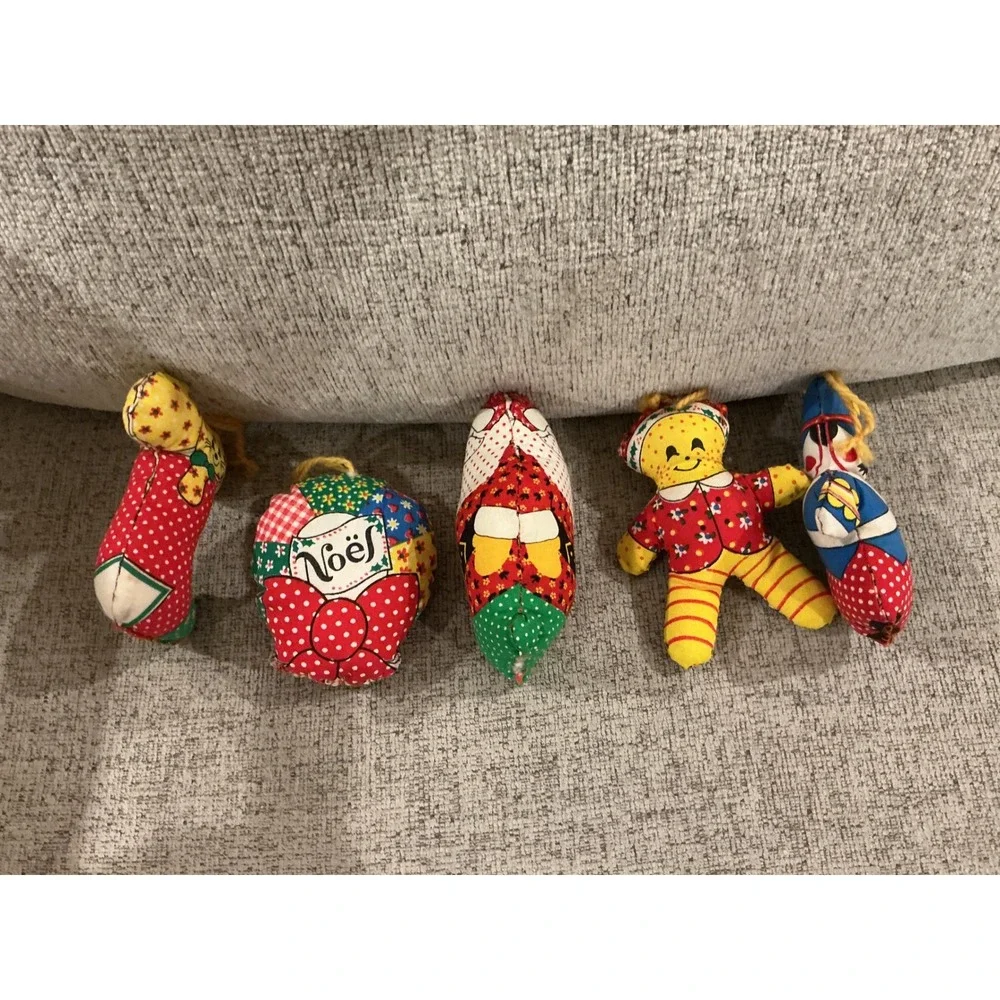 Vintage Christmas Fabric Plush Ornaments Lot 5 Santa Nutcracker Gingerbread Noel